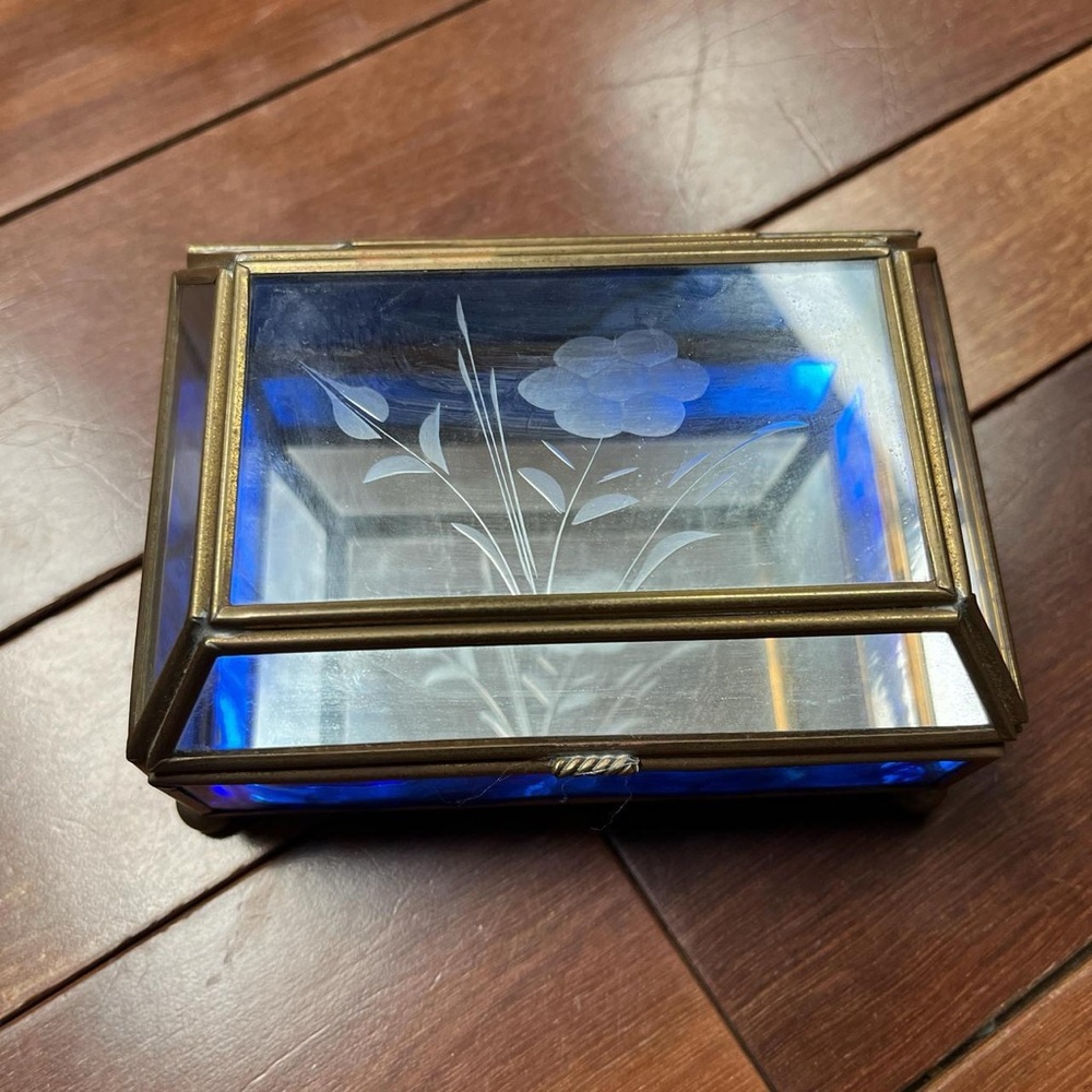 Etched Floral Glass Jewelry Trinket Box with Blue Accents